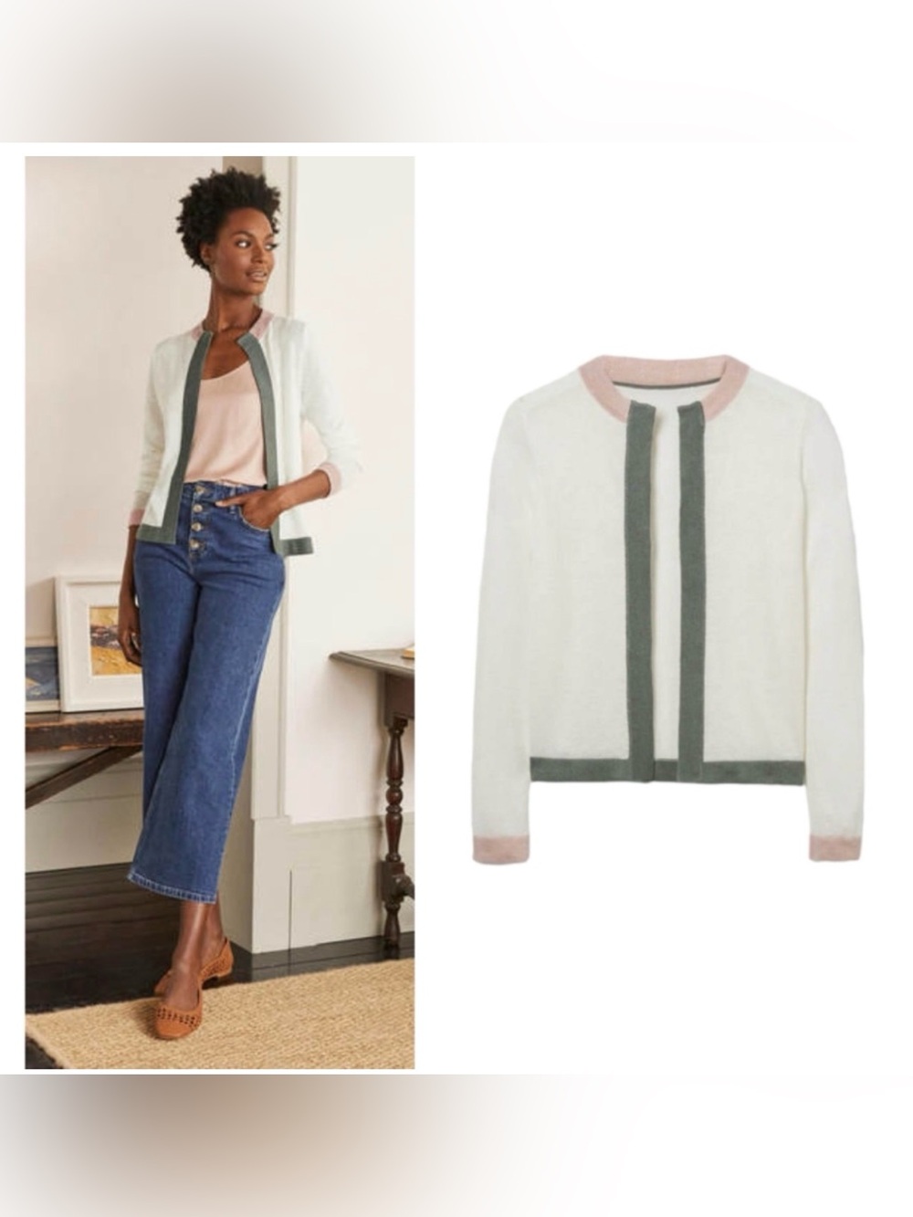 Boden Ivory Colorblock Stripe Trim Linen Cardigan Sweater
